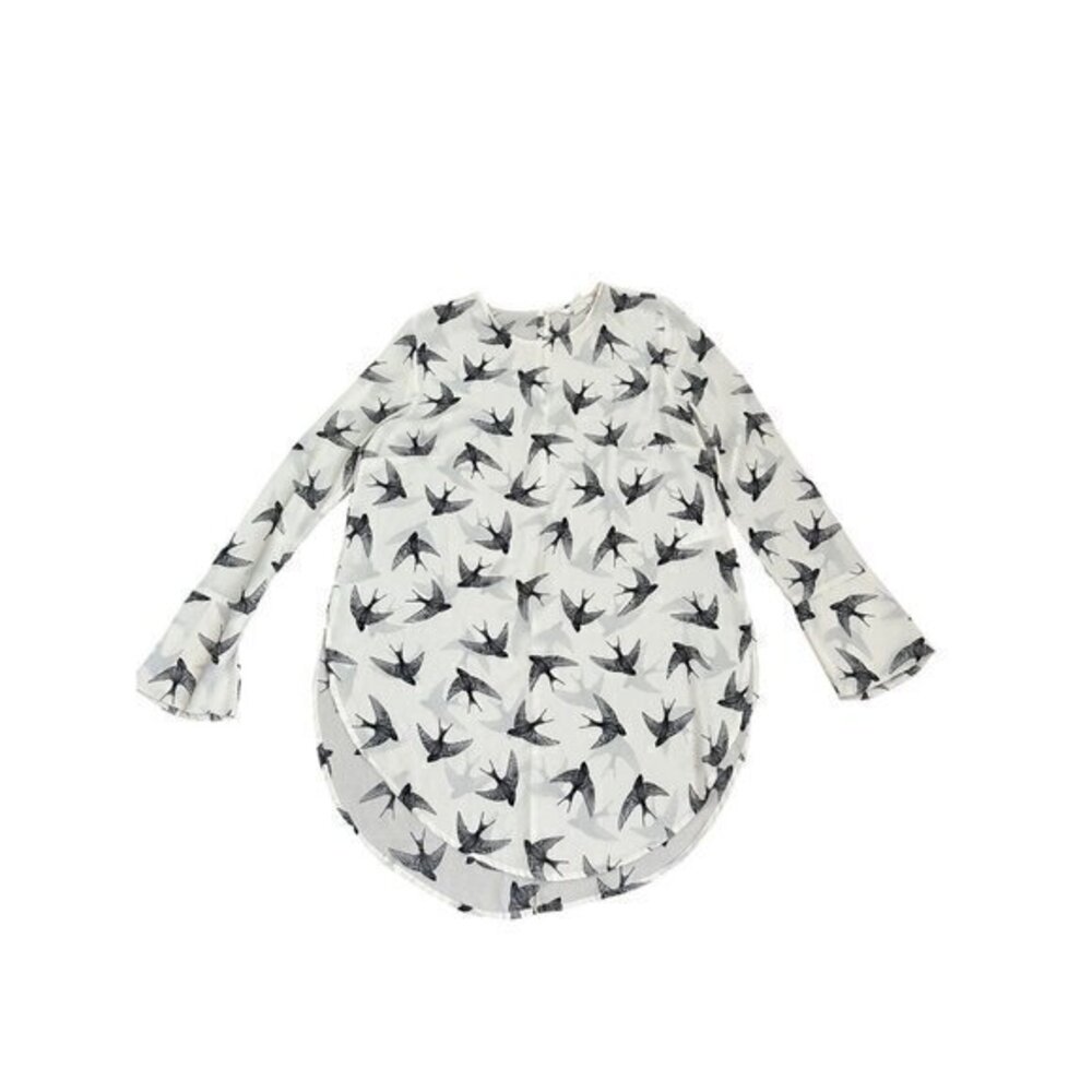 H&M Womens White & Black Bird Print Long Sleeve Blouse Size 8 Polyester Round He